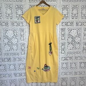 Vintage Juli Anne Yellow Garden Themed Short Sleeve V Neck Midi Dress Sz Large